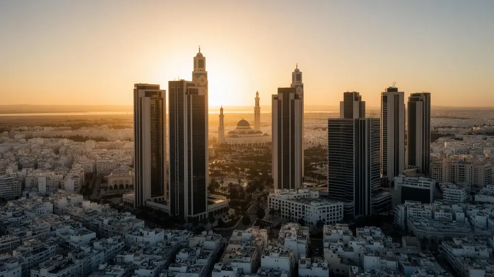 Vue aérienne de la skyline de Casablanca au coucher du soleil avec la silhouette de la Mosquée Hassan II et le quartier d'affaires